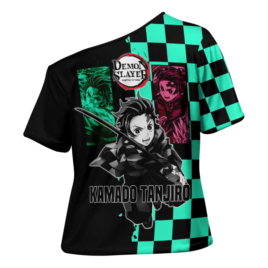Tanjiro Kamado from Demon Slayer Cross Shoulder Shirt with Green Black Checkered Pattern and Water Breathing Sword Pose Design - The Mazicc