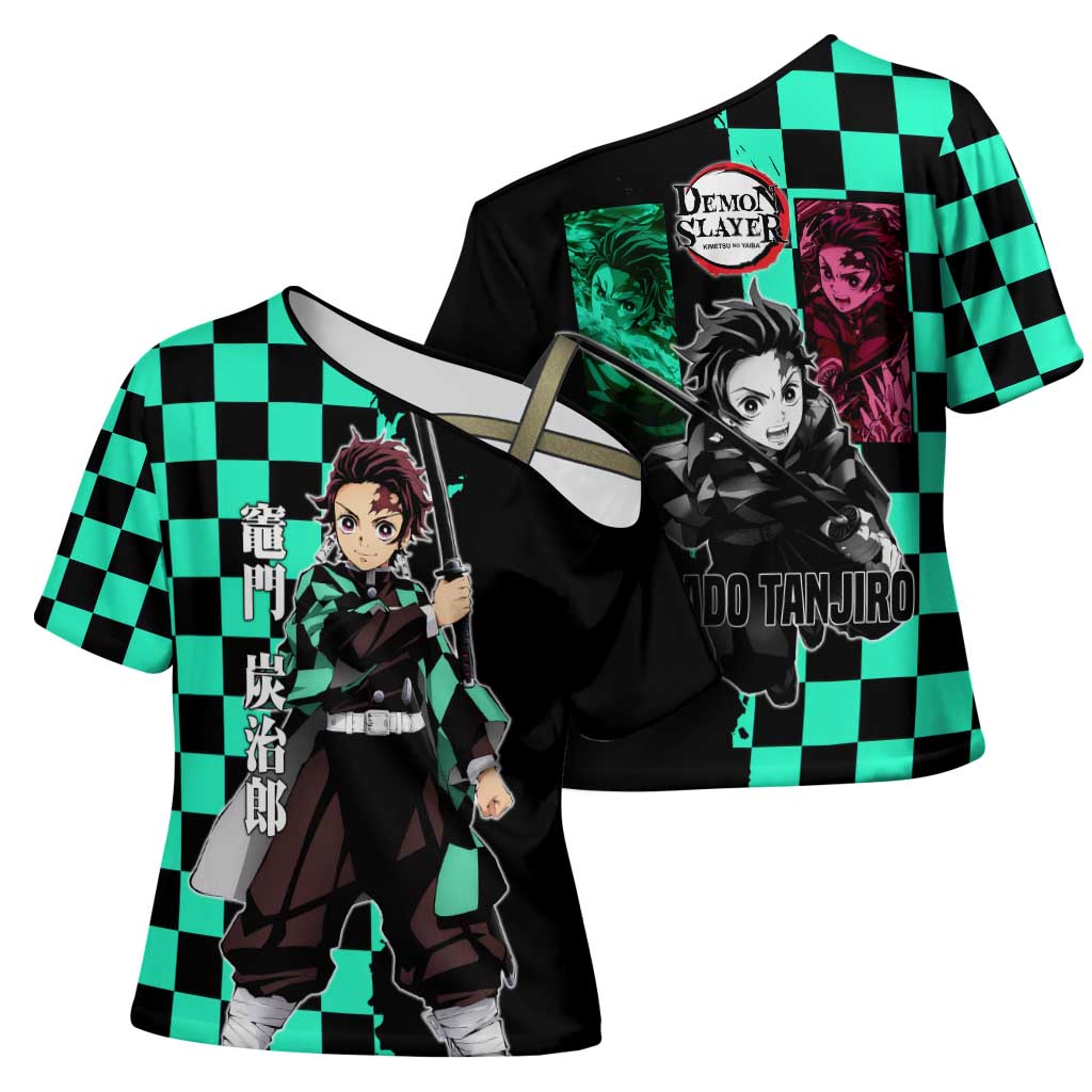 Tanjiro Kamado from Demon Slayer Cross Shoulder Shirt with Green Black Checkered Pattern and Water Breathing Sword Pose Design - The Mazicc