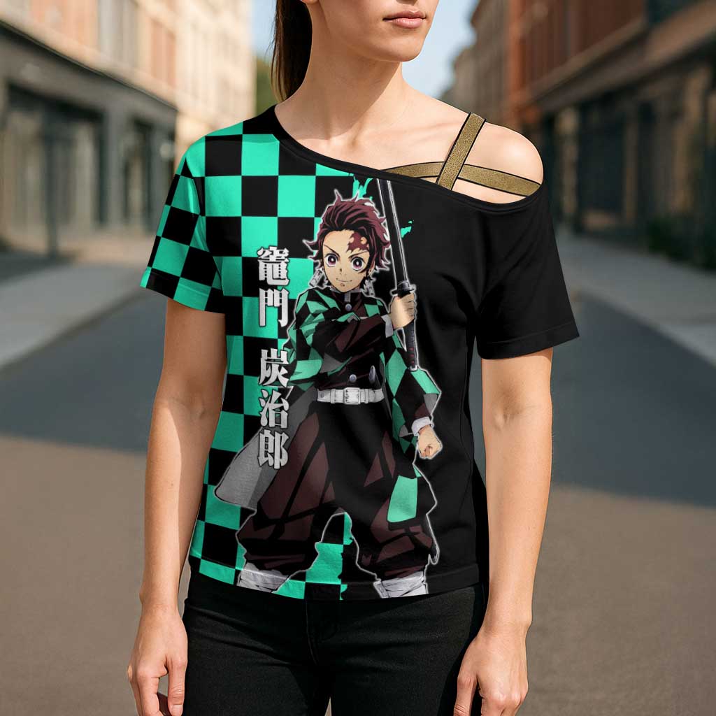 Tanjiro Kamado from Demon Slayer Cross Shoulder Shirt with Green Black Checkered Pattern and Water Breathing Sword Pose Design - The Mazicc