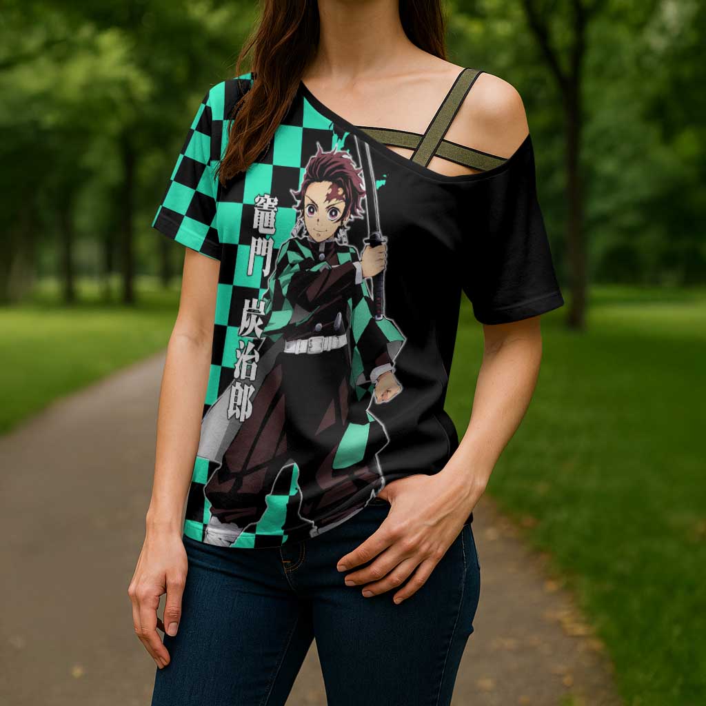Tanjiro Kamado from Demon Slayer Cross Shoulder Shirt with Green Black Checkered Pattern and Water Breathing Sword Pose Design - The Mazicc