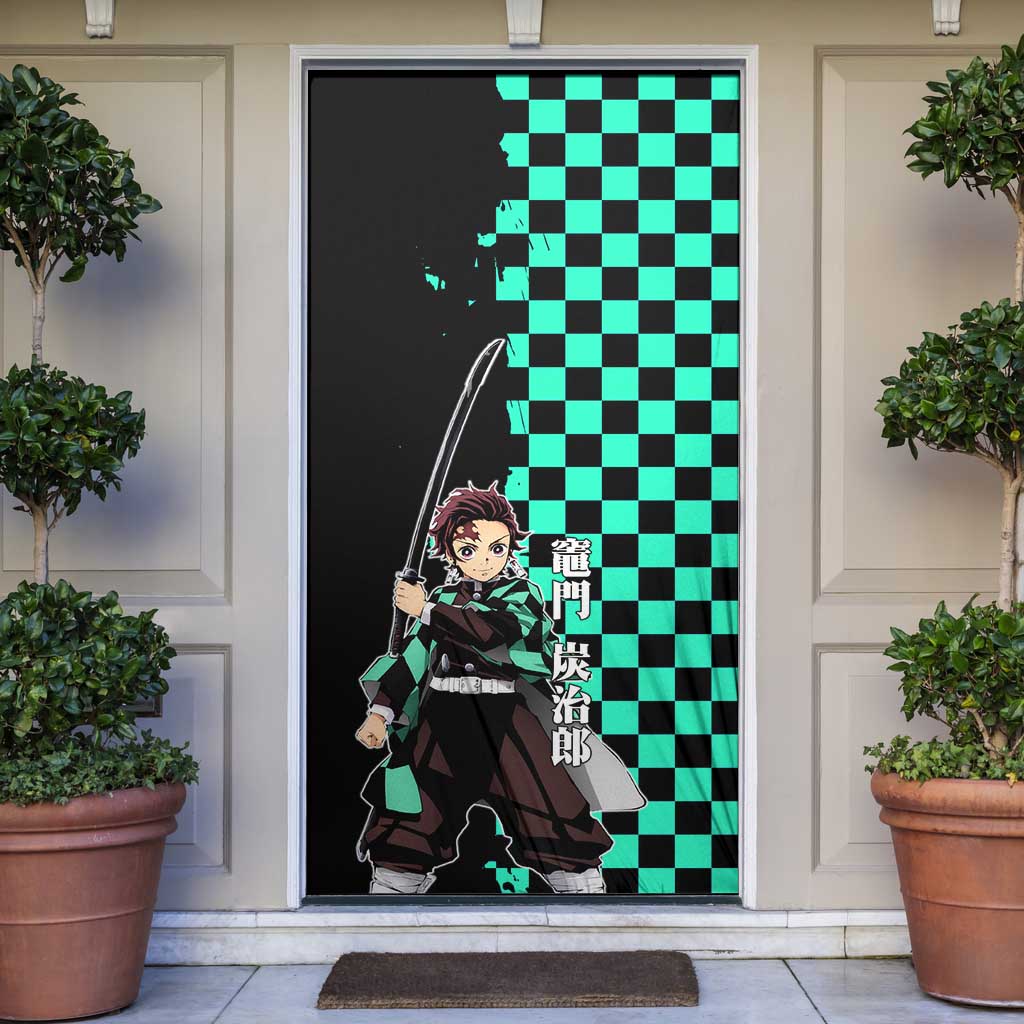 Tanjiro Kamado from Demon Slayer Door Cover with Green Black Checkered Pattern and Water Breathing Sword Pose Design - The Mazicc