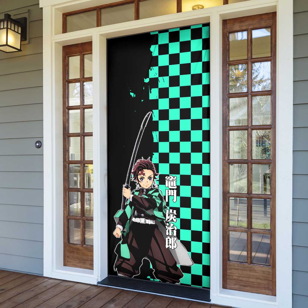 Tanjiro Kamado from Demon Slayer Door Cover with Green Black Checkered Pattern and Water Breathing Sword Pose Design - The Mazicc