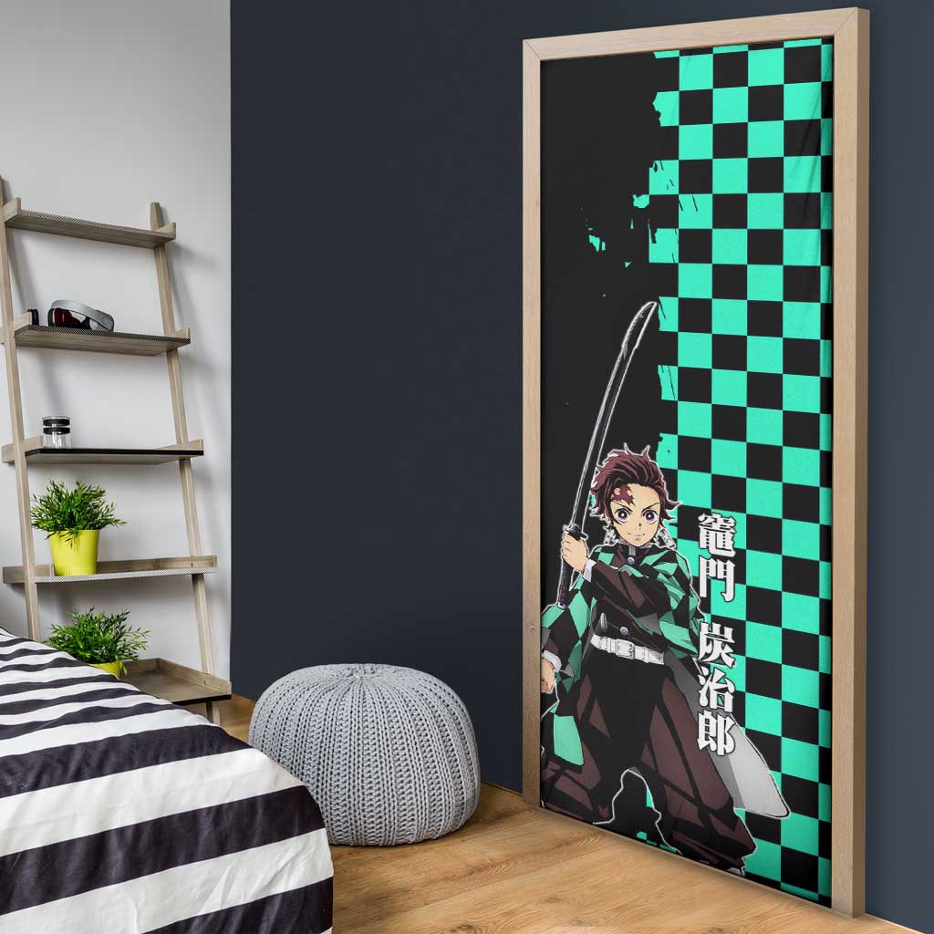Tanjiro Kamado from Demon Slayer Door Cover with Green Black Checkered Pattern and Water Breathing Sword Pose Design - The Mazicc
