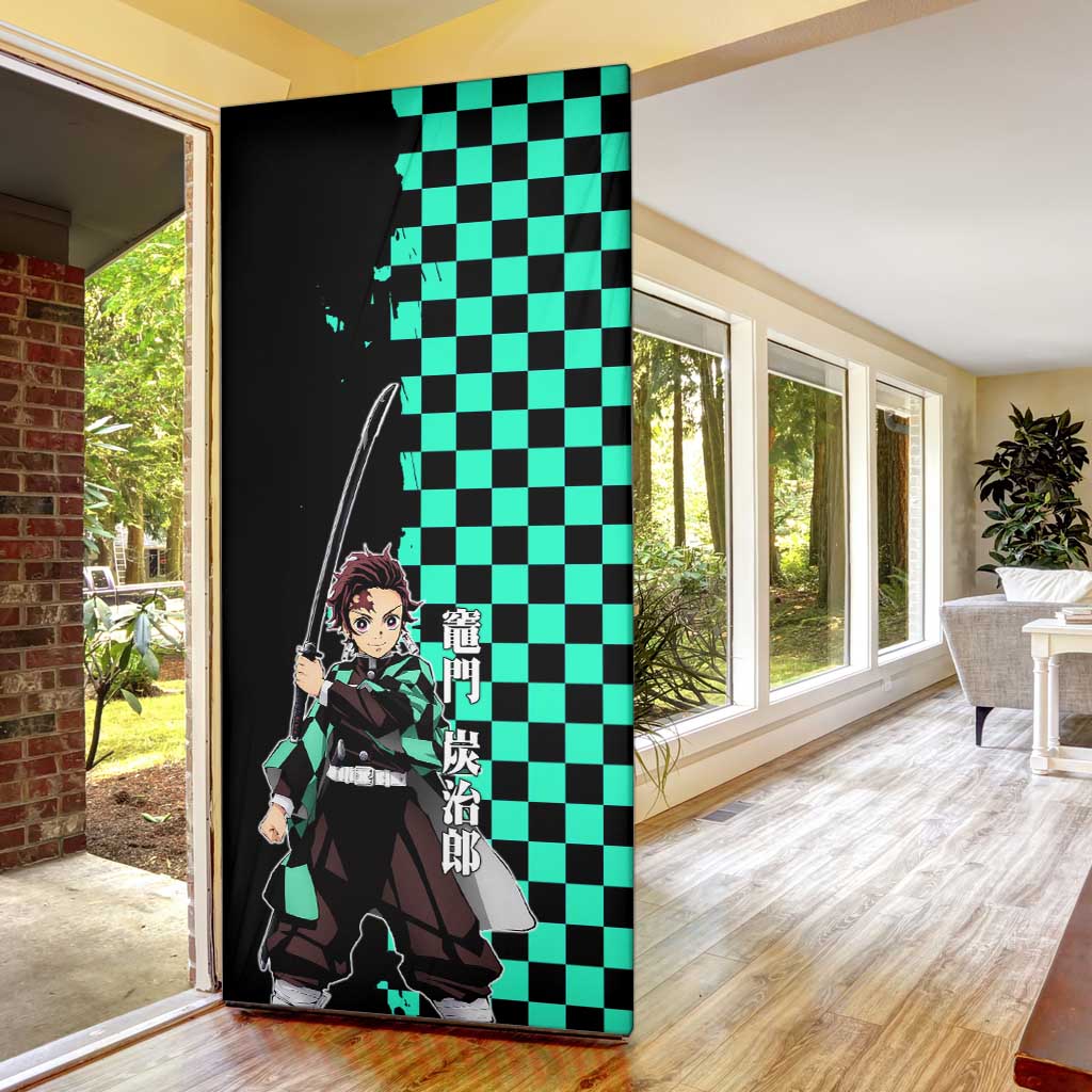Tanjiro Kamado from Demon Slayer Door Cover with Green Black Checkered Pattern and Water Breathing Sword Pose Design - The Mazicc