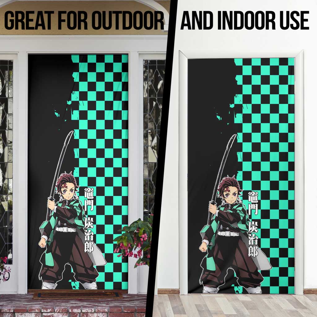 Tanjiro Kamado from Demon Slayer Door Cover with Green Black Checkered Pattern and Water Breathing Sword Pose Design - The Mazicc