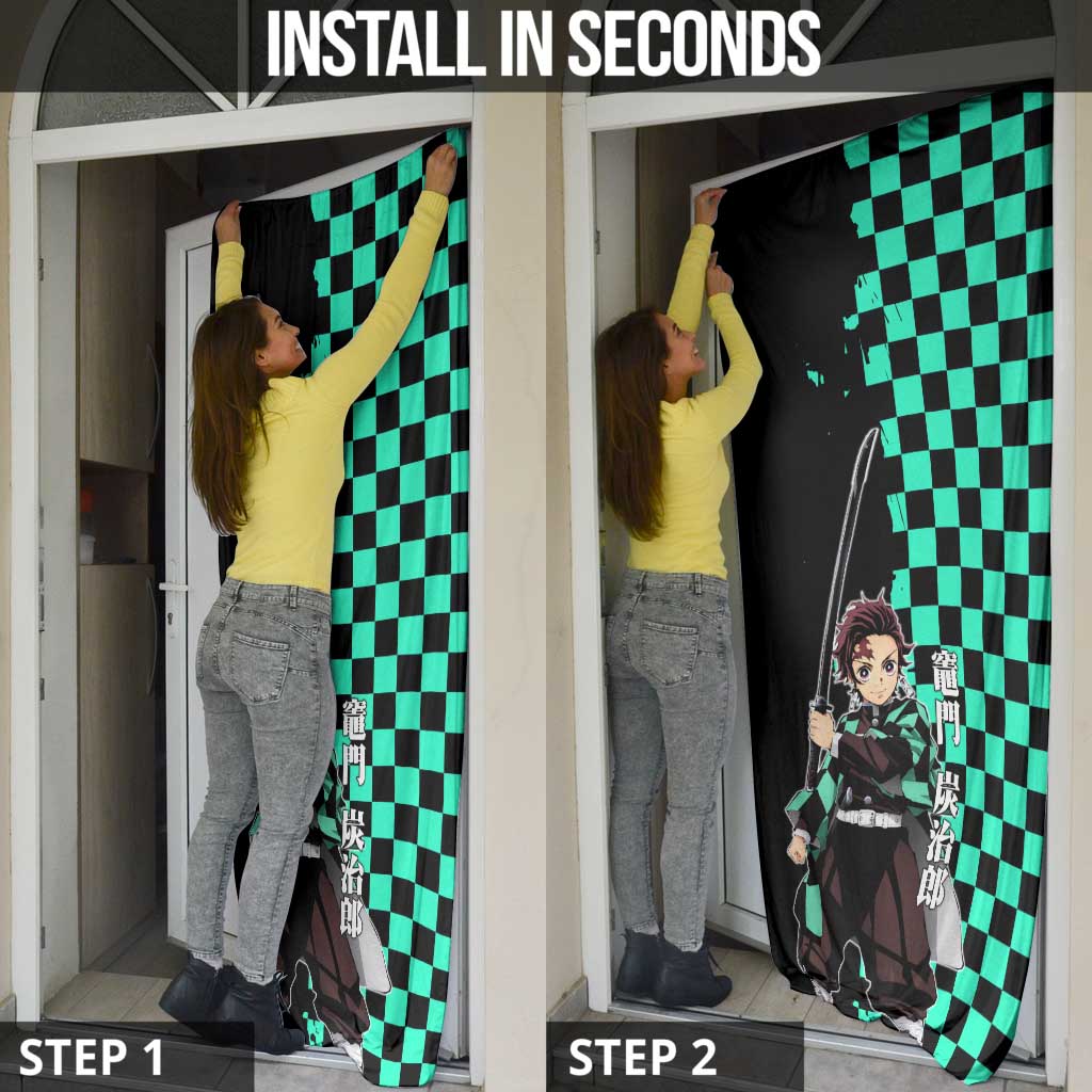 Tanjiro Kamado from Demon Slayer Door Cover with Green Black Checkered Pattern and Water Breathing Sword Pose Design - The Mazicc
