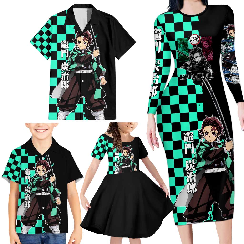 Tanjiro Kamado from Demon Slayer Family Matching Long Sleeve Bodycon Dress and Hawaiian Shirt with Green Black Checkered Pattern and Water Breathing Sword Pose Design - The Mazicc