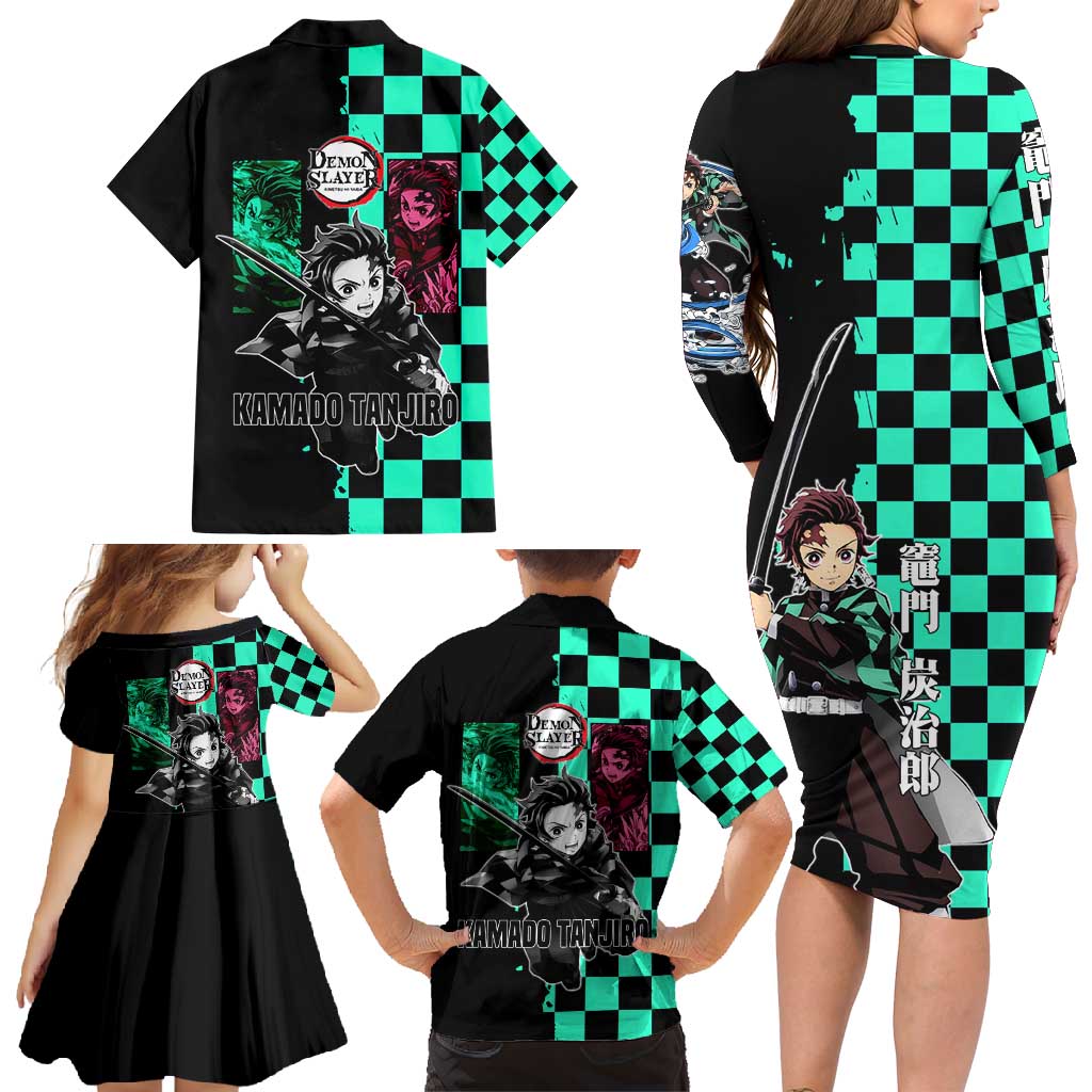 Tanjiro Kamado from Demon Slayer Family Matching Long Sleeve Bodycon Dress and Hawaiian Shirt with Green Black Checkered Pattern and Water Breathing Sword Pose Design - The Mazicc