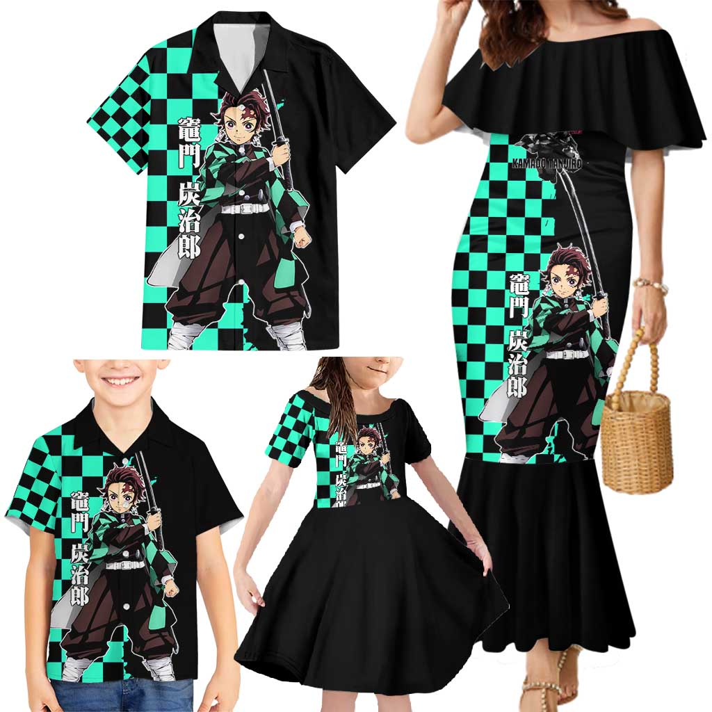 Tanjiro Kamado from Demon Slayer Family Matching Mermaid Dress and Hawaiian Shirt with Green Black Checkered Pattern and Water Breathing Sword Pose Design - The Mazicc