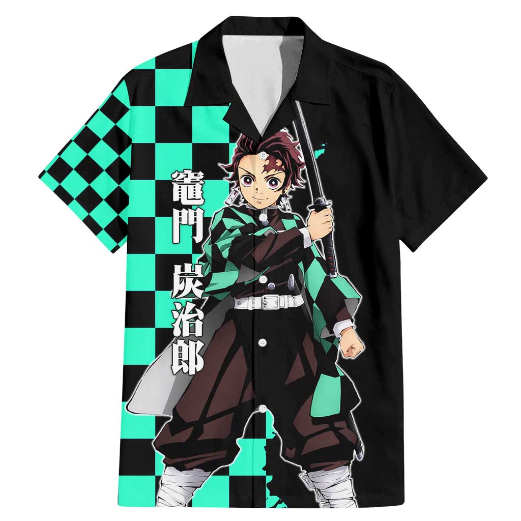 Tanjiro Kamado from Demon Slayer Family Matching Mermaid Dress and Hawaiian Shirt with Green Black Checkered Pattern and Water Breathing Sword Pose Design - The Mazicc