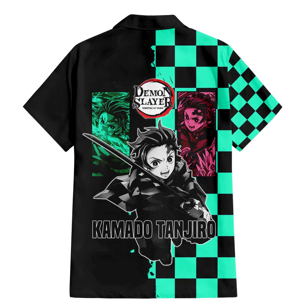 Tanjiro Kamado from Demon Slayer Family Matching Mermaid Dress and Hawaiian Shirt with Green Black Checkered Pattern and Water Breathing Sword Pose Design - The Mazicc