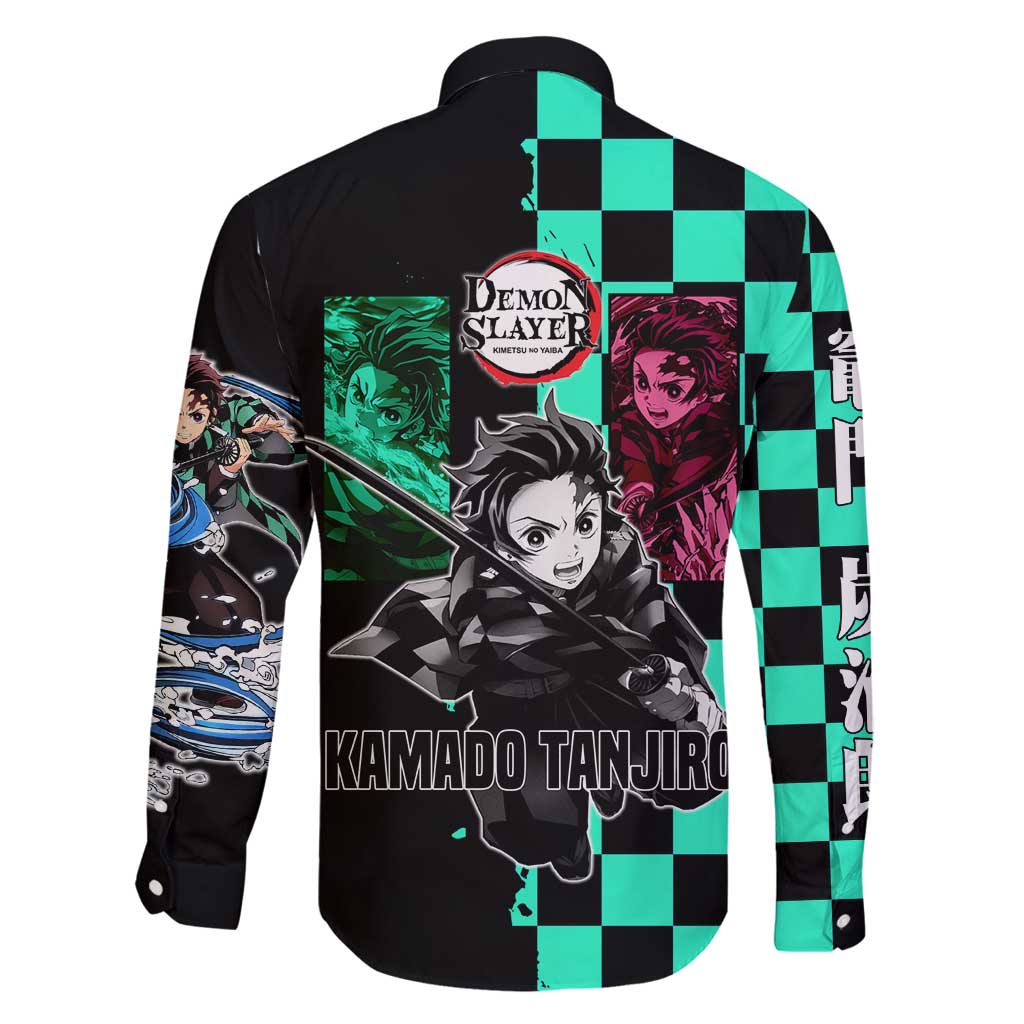 Tanjiro Kamado from Demon Slayer Family Matching Mermaid Dress and Hawaiian Shirt with Green Black Checkered Pattern and Water Breathing Sword Pose Design - The Mazicc