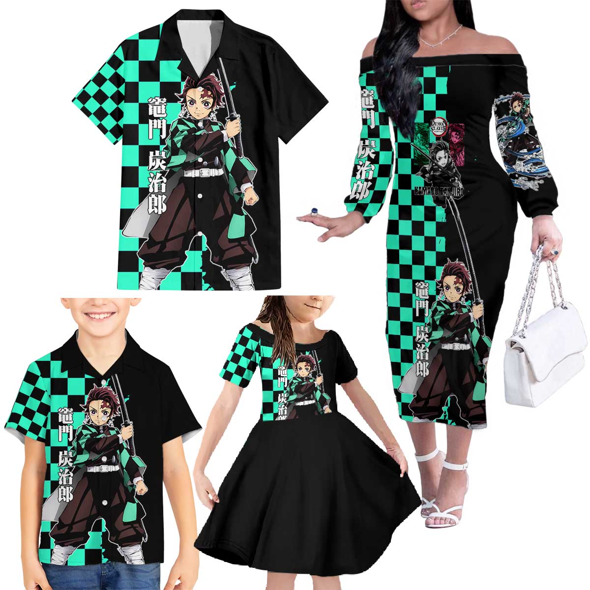 Tanjiro Kamado from Demon Slayer Family Matching Off The Shoulder Long Sleeve Dress and Hawaiian Shirt with Green Black Checkered Pattern and Water Breathing Sword Pose Design - The Mazicc