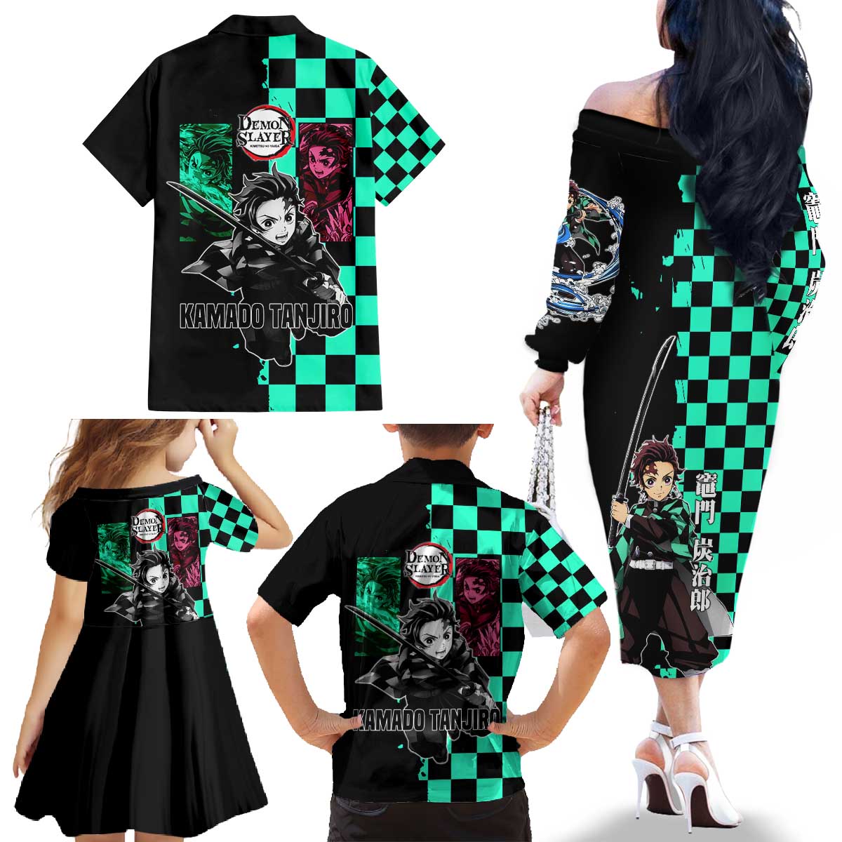 Tanjiro Kamado from Demon Slayer Family Matching Off The Shoulder Long Sleeve Dress and Hawaiian Shirt with Green Black Checkered Pattern and Water Breathing Sword Pose Design - The Mazicc