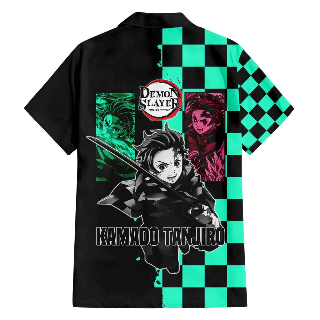 Tanjiro Kamado from Demon Slayer Family Matching Off The Shoulder Long Sleeve Dress and Hawaiian Shirt with Green Black Checkered Pattern and Water Breathing Sword Pose Design - The Mazicc