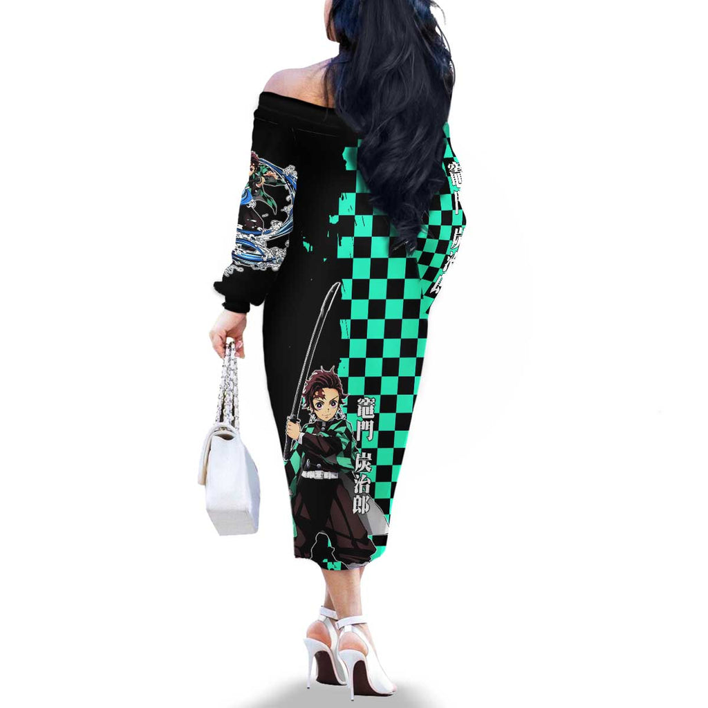Tanjiro Kamado from Demon Slayer Family Matching Off The Shoulder Long Sleeve Dress and Hawaiian Shirt with Green Black Checkered Pattern and Water Breathing Sword Pose Design - The Mazicc