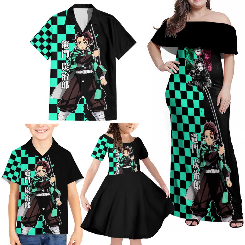Tanjiro Kamado from Demon Slayer Family Matching Off Shoulder Maxi Dress and Hawaiian Shirt with Green Black Checkered Pattern and Water Breathing Sword Pose Design - The Mazicc