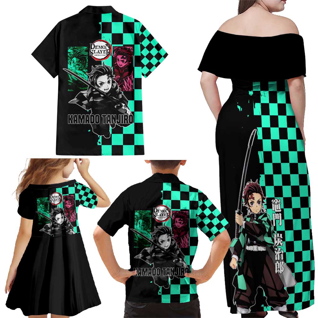 Tanjiro Kamado from Demon Slayer Family Matching Off Shoulder Maxi Dress and Hawaiian Shirt with Green Black Checkered Pattern and Water Breathing Sword Pose Design - The Mazicc