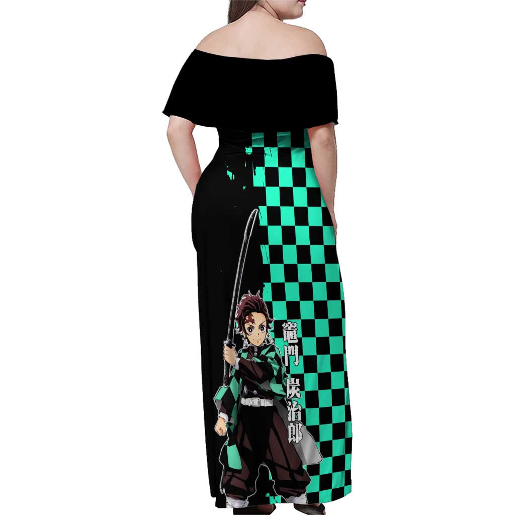 Tanjiro Kamado from Demon Slayer Family Matching Off Shoulder Maxi Dress and Hawaiian Shirt with Green Black Checkered Pattern and Water Breathing Sword Pose Design - The Mazicc