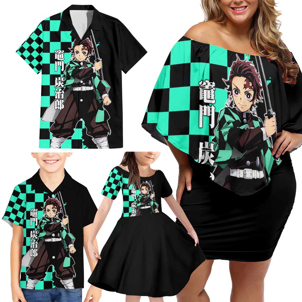 Tanjiro Kamado from Demon Slayer Family Matching Off Shoulder Short Dress and Hawaiian Shirt with Green Black Checkered Pattern and Water Breathing Sword Pose Design - The Mazicc