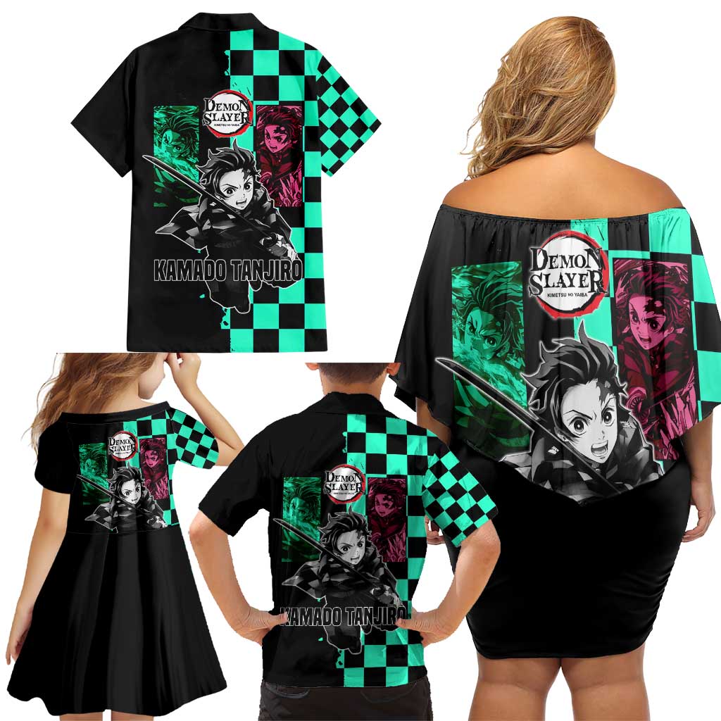 Tanjiro Kamado from Demon Slayer Family Matching Off Shoulder Short Dress and Hawaiian Shirt with Green Black Checkered Pattern and Water Breathing Sword Pose Design - The Mazicc