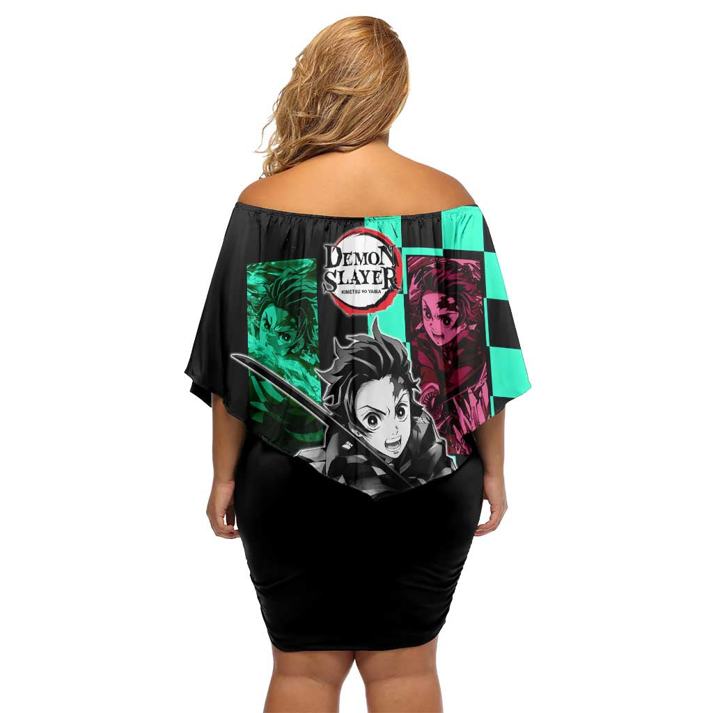 Tanjiro Kamado from Demon Slayer Family Matching Off Shoulder Short Dress and Hawaiian Shirt with Green Black Checkered Pattern and Water Breathing Sword Pose Design - The Mazicc