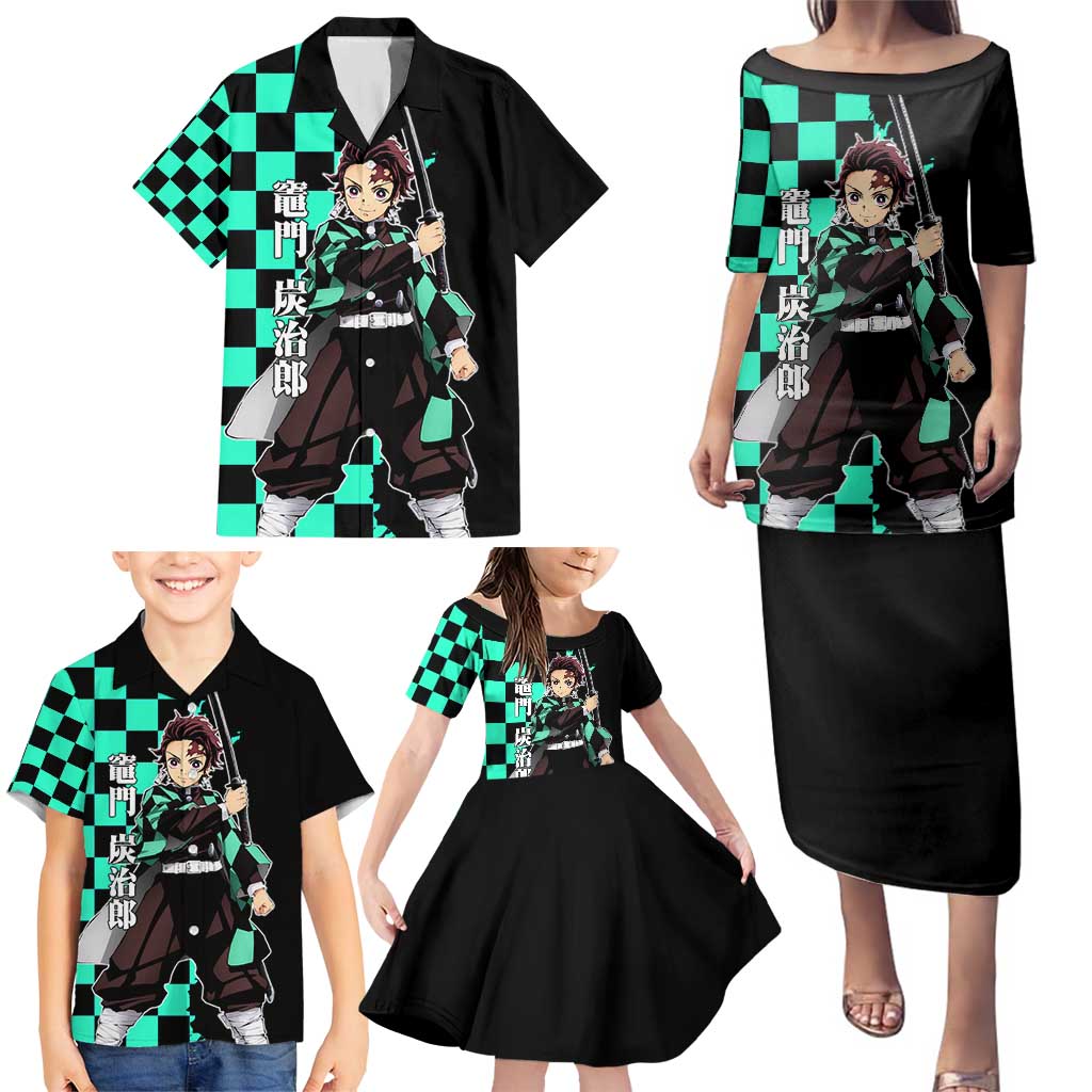 Tanjiro Kamado from Demon Slayer Family Matching Puletasi and Hawaiian Shirt with Green Black Checkered Pattern and Water Breathing Sword Pose Design - The Mazicc