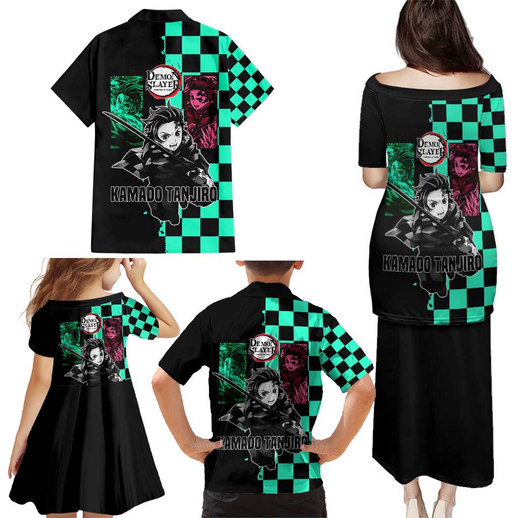 Tanjiro Kamado from Demon Slayer Family Matching Puletasi and Hawaiian Shirt with Green Black Checkered Pattern and Water Breathing Sword Pose Design - The Mazicc