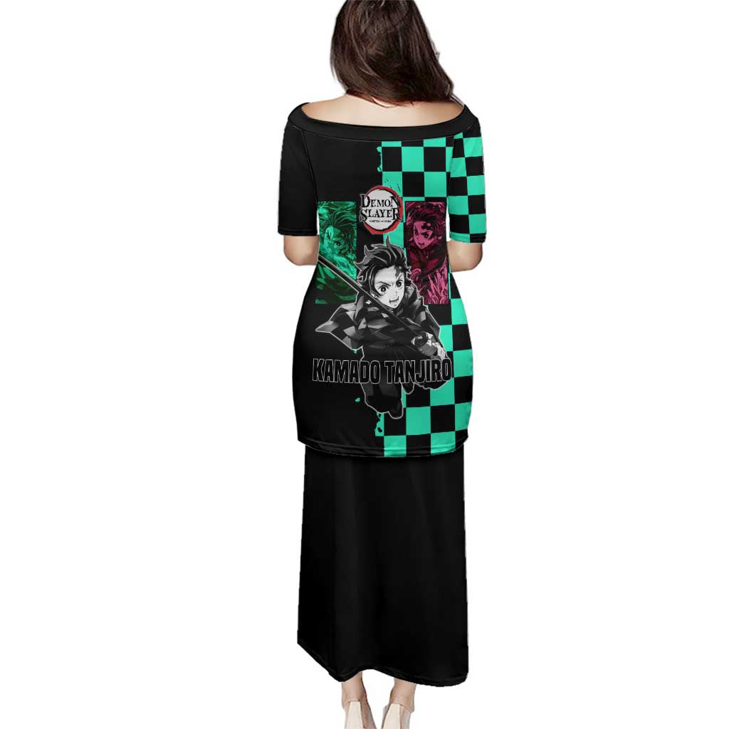 Tanjiro Kamado from Demon Slayer Family Matching Puletasi and Hawaiian Shirt with Green Black Checkered Pattern and Water Breathing Sword Pose Design - The Mazicc