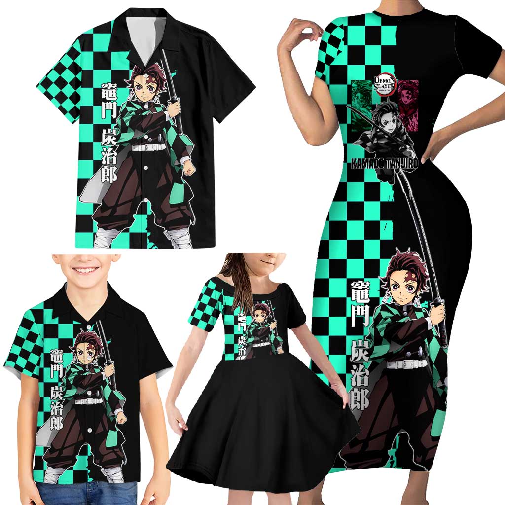 Tanjiro Kamado from Demon Slayer Family Matching Short Sleeve Bodycon Dress and Hawaiian Shirt with Green Black Checkered Pattern and Water Breathing Sword Pose Design - The Mazicc