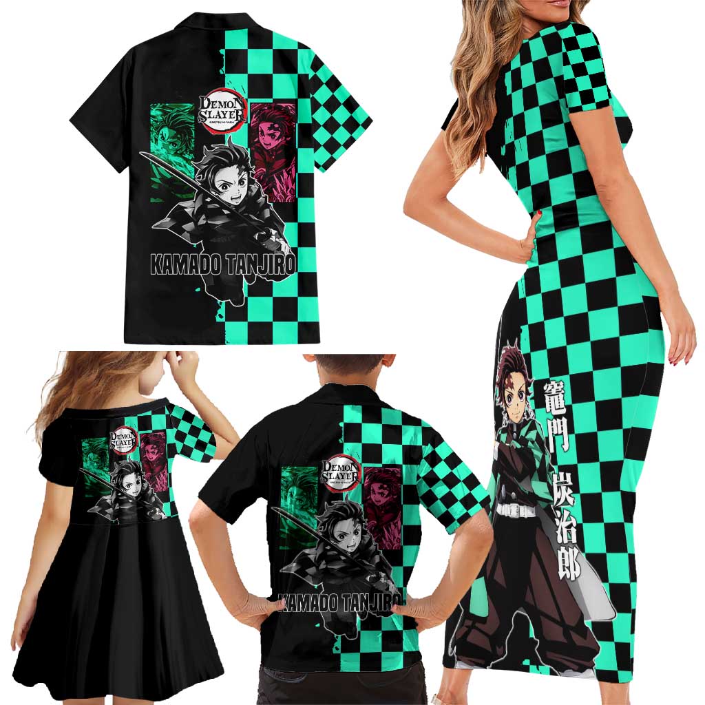 Tanjiro Kamado from Demon Slayer Family Matching Short Sleeve Bodycon Dress and Hawaiian Shirt with Green Black Checkered Pattern and Water Breathing Sword Pose Design - The Mazicc