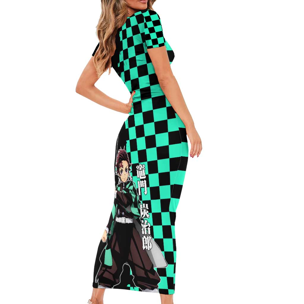 Tanjiro Kamado from Demon Slayer Family Matching Short Sleeve Bodycon Dress and Hawaiian Shirt with Green Black Checkered Pattern and Water Breathing Sword Pose Design - The Mazicc