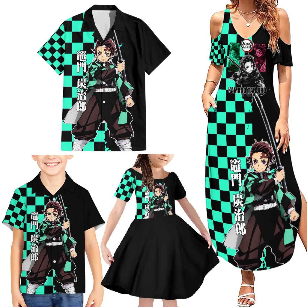 Tanjiro Kamado from Demon Slayer Family Matching Summer Maxi Dress and Hawaiian Shirt with Green Black Checkered Pattern and Water Breathing Sword Pose Design - The Mazicc