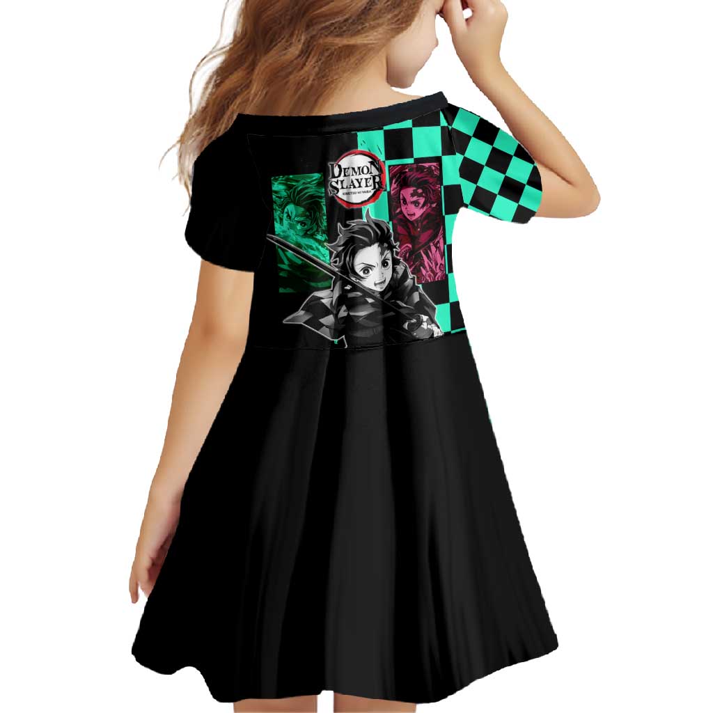 Tanjiro Kamado from Demon Slayer Family Matching Summer Maxi Dress and Hawaiian Shirt with Green Black Checkered Pattern and Water Breathing Sword Pose Design - The Mazicc