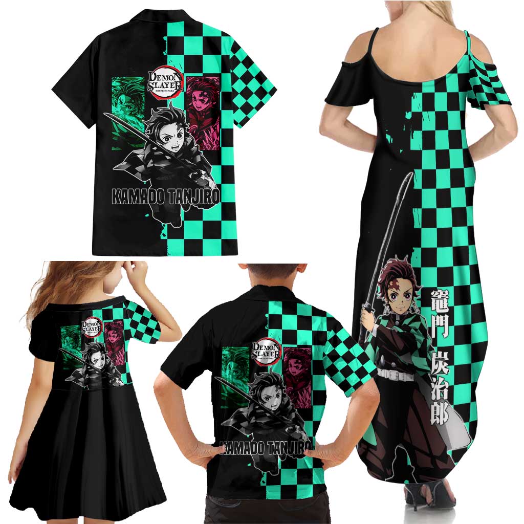 Tanjiro Kamado from Demon Slayer Family Matching Summer Maxi Dress and Hawaiian Shirt with Green Black Checkered Pattern and Water Breathing Sword Pose Design - The Mazicc