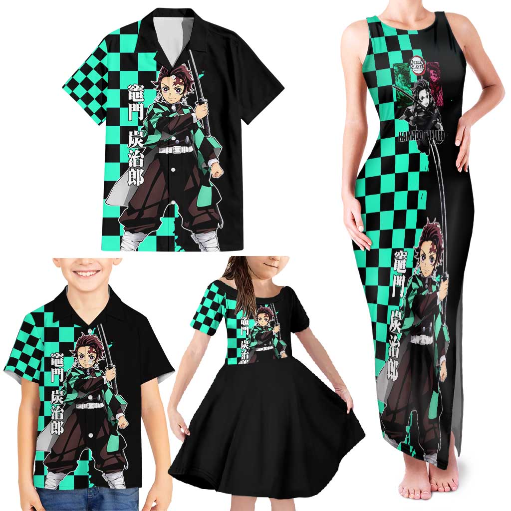 Tanjiro Kamado from Demon Slayer Family Matching Tank Maxi Dress and Hawaiian Shirt with Green Black Checkered Pattern and Water Breathing Sword Pose Design - The Mazicc