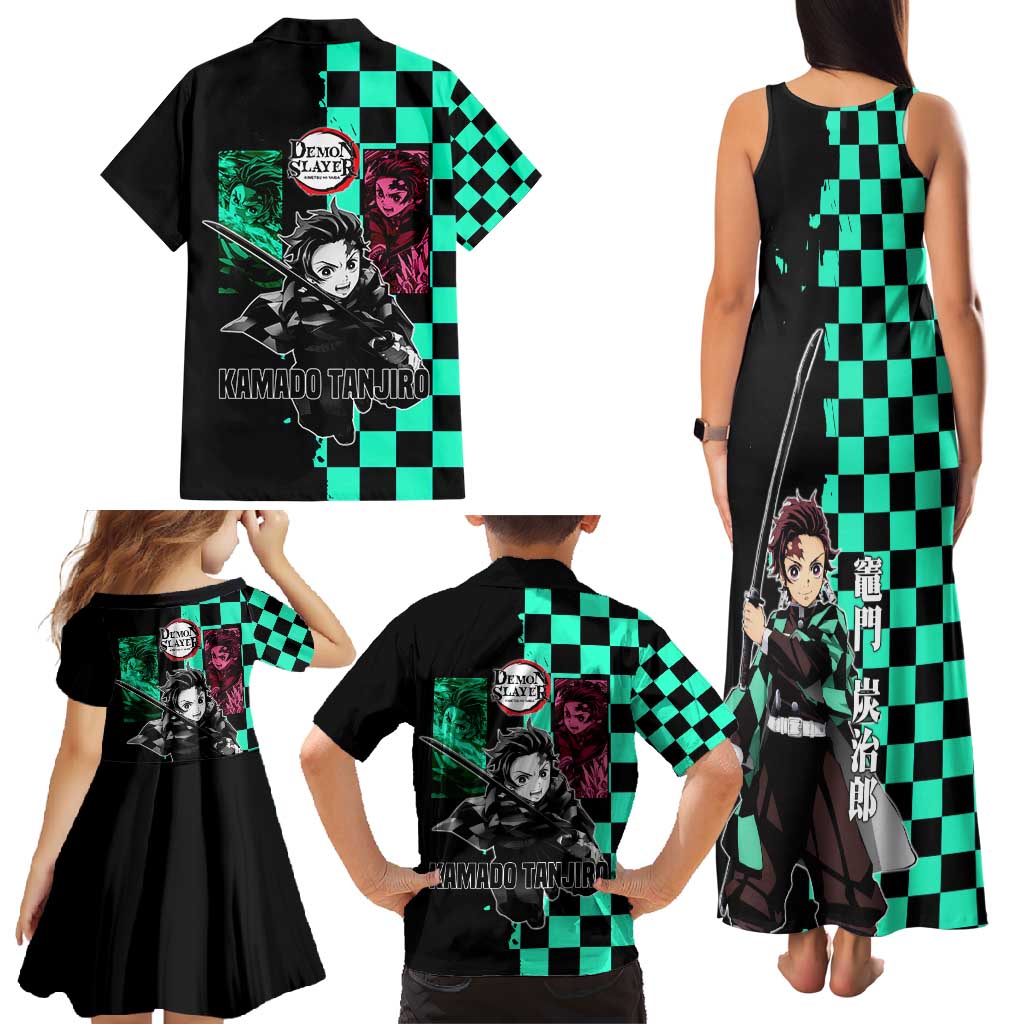 Tanjiro Kamado from Demon Slayer Family Matching Tank Maxi Dress and Hawaiian Shirt with Green Black Checkered Pattern and Water Breathing Sword Pose Design - The Mazicc