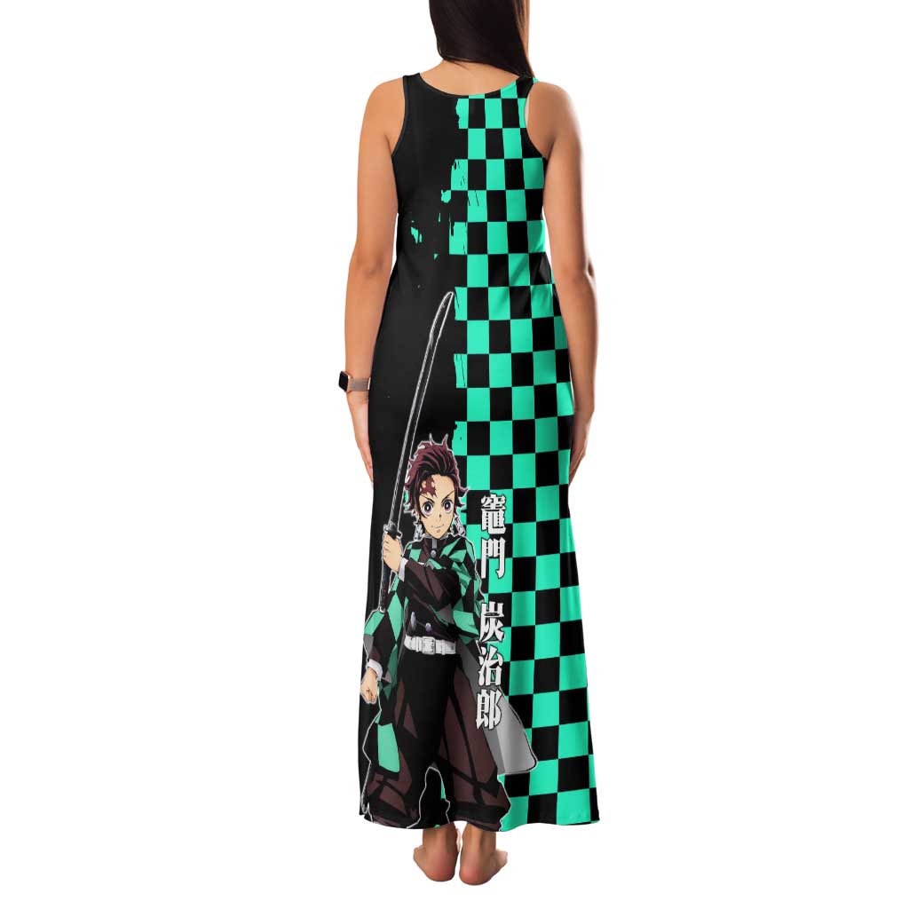 Tanjiro Kamado from Demon Slayer Family Matching Tank Maxi Dress and Hawaiian Shirt with Green Black Checkered Pattern and Water Breathing Sword Pose Design - The Mazicc