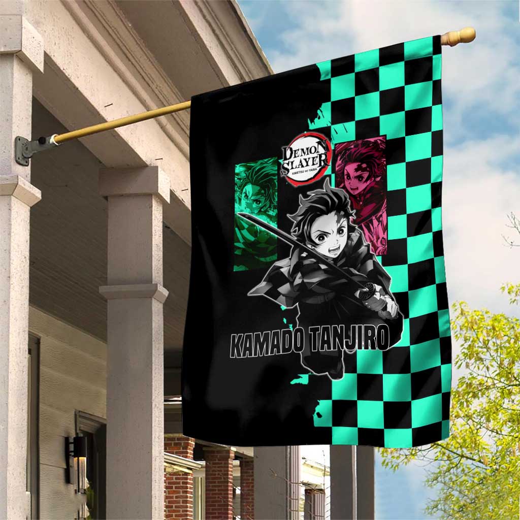Tanjiro Kamado from Demon Slayer Garden Flag with Green Black Checkered Pattern and Water Breathing Sword Pose Design - The Mazicc