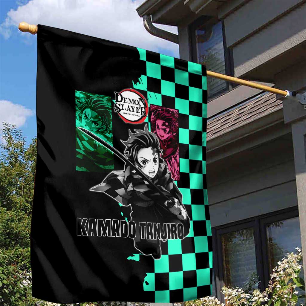 Tanjiro Kamado from Demon Slayer Garden Flag with Green Black Checkered Pattern and Water Breathing Sword Pose Design - The Mazicc
