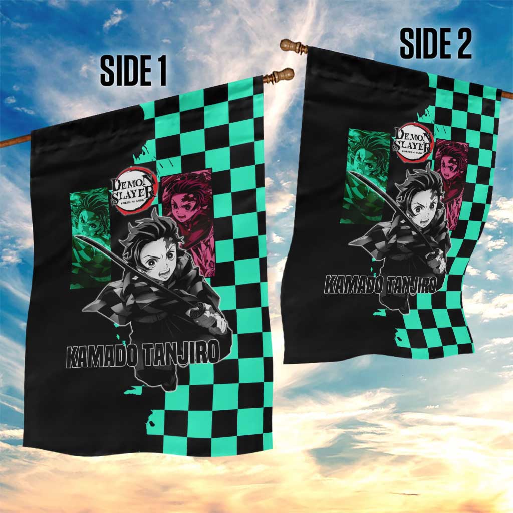 Tanjiro Kamado from Demon Slayer Garden Flag with Green Black Checkered Pattern and Water Breathing Sword Pose Design - The Mazicc