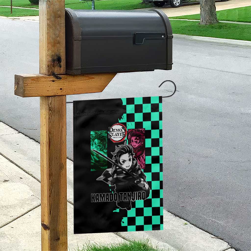 Tanjiro Kamado from Demon Slayer Garden Flag with Green Black Checkered Pattern and Water Breathing Sword Pose Design - The Mazicc