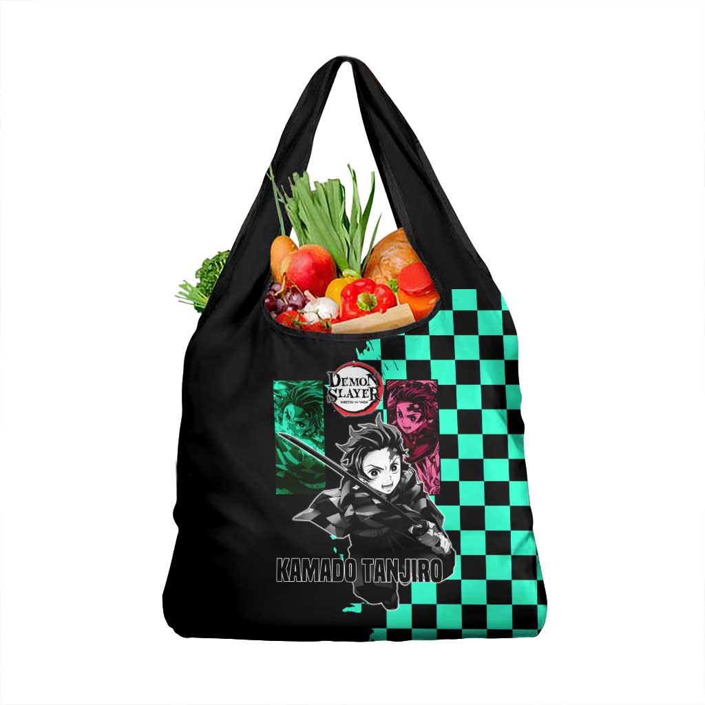 Tanjiro Kamado from Demon Slayer Grocery Bag with Green Black Checkered Pattern and Water Breathing Sword Pose Design - The Mazicc