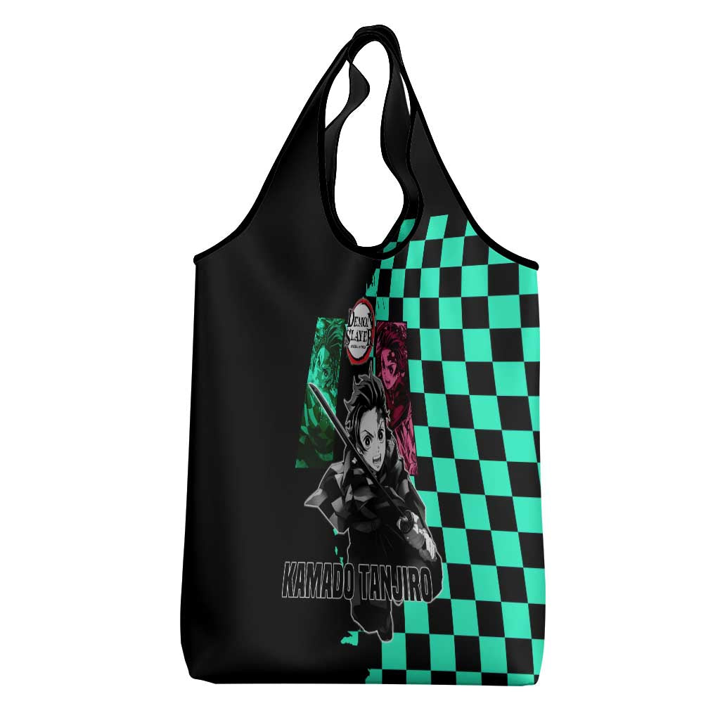 Tanjiro Kamado from Demon Slayer Grocery Bag with Green Black Checkered Pattern and Water Breathing Sword Pose Design - The Mazicc
