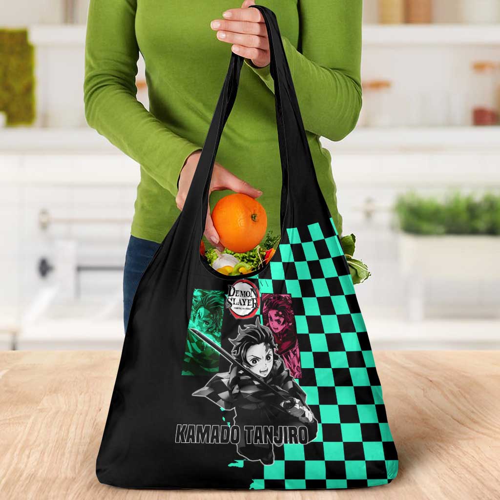 Tanjiro Kamado from Demon Slayer Grocery Bag with Green Black Checkered Pattern and Water Breathing Sword Pose Design - The Mazicc