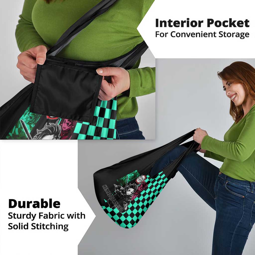 Tanjiro Kamado from Demon Slayer Grocery Bag with Green Black Checkered Pattern and Water Breathing Sword Pose Design - The Mazicc
