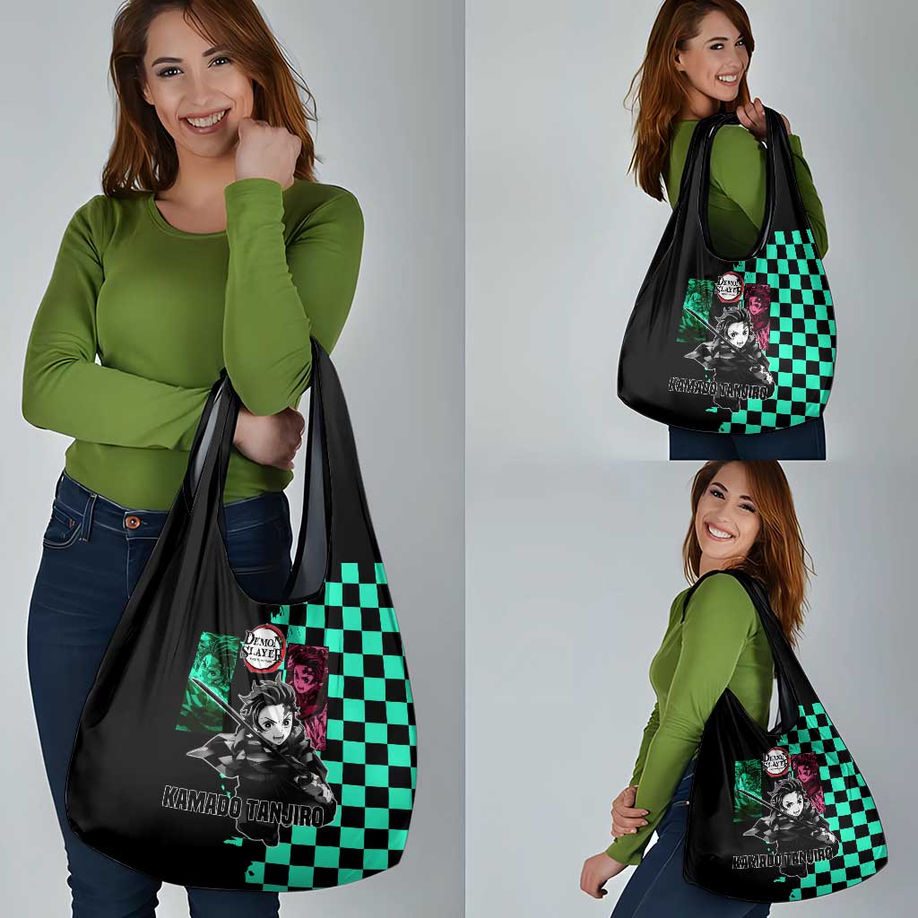Tanjiro Kamado from Demon Slayer Grocery Bag with Green Black Checkered Pattern and Water Breathing Sword Pose Design - The Mazicc