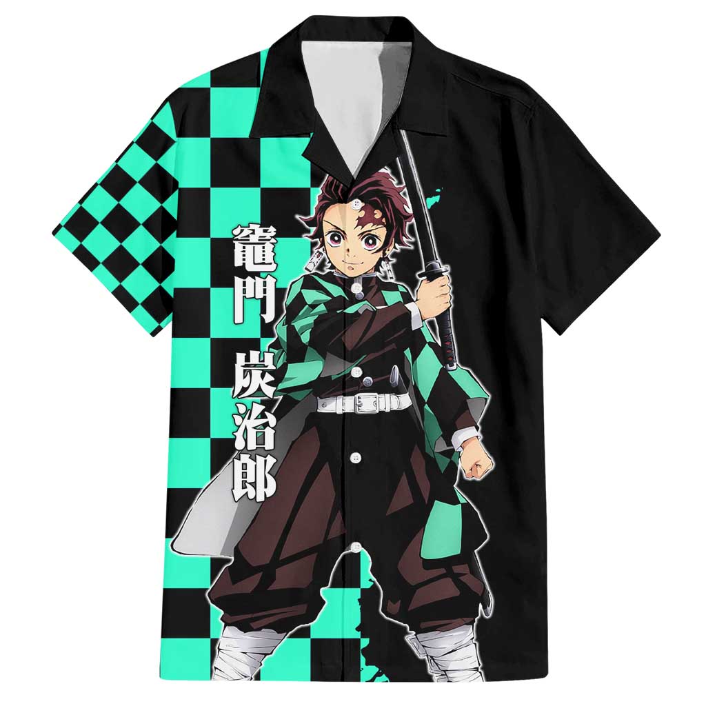 Tanjiro Kamado from Demon Slayer Hawaiian Shirt with Green Black Checkered Pattern and Water Breathing Sword Pose Design - The Mazicc
