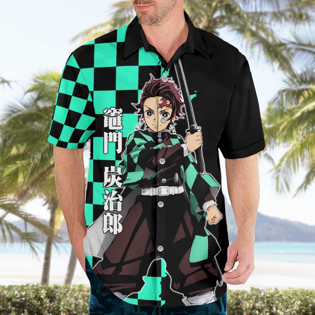 Tanjiro Kamado from Demon Slayer Hawaiian Shirt with Green Black Checkered Pattern and Water Breathing Sword Pose Design - The Mazicc