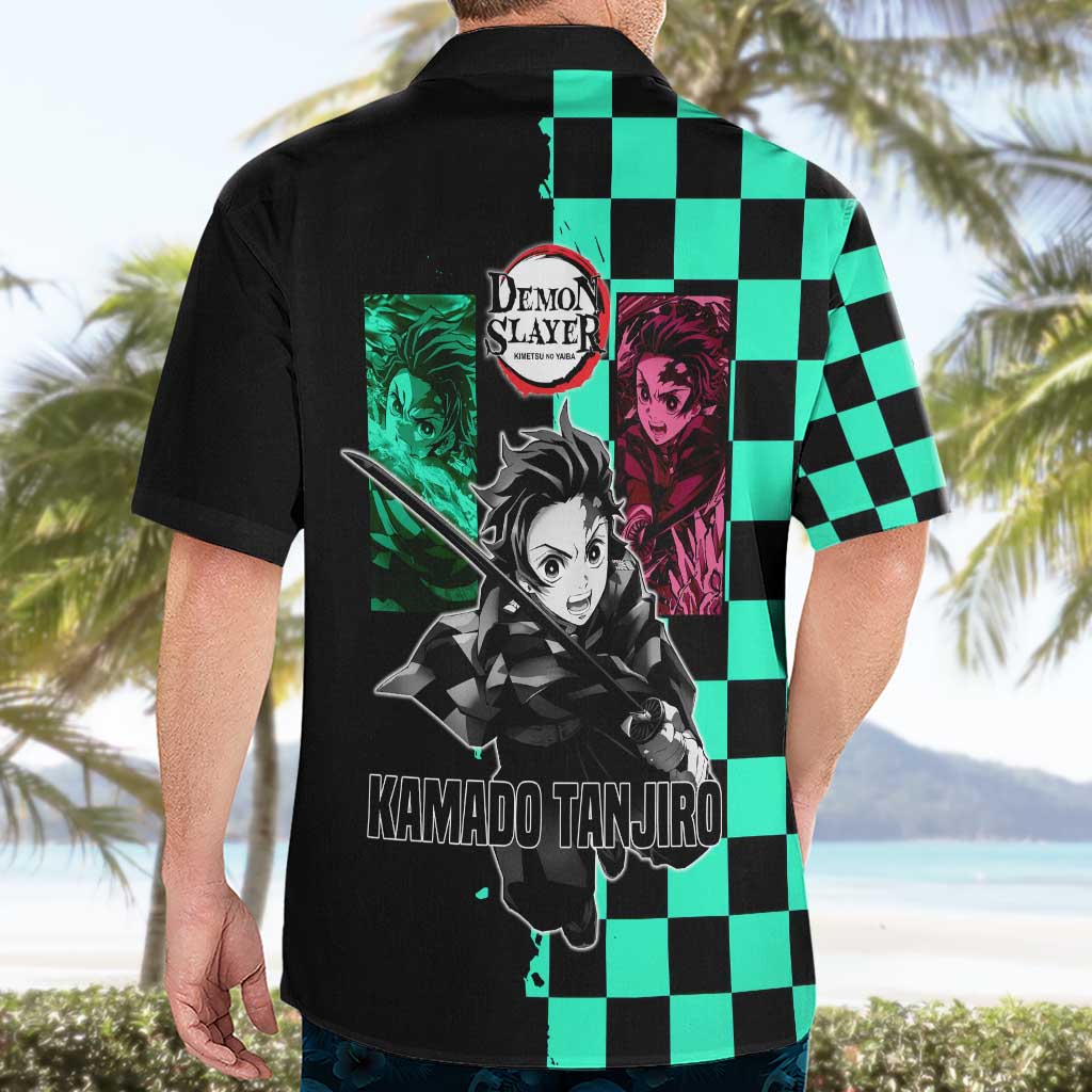 Tanjiro Kamado from Demon Slayer Hawaiian Shirt with Green Black Checkered Pattern and Water Breathing Sword Pose Design - The Mazicc